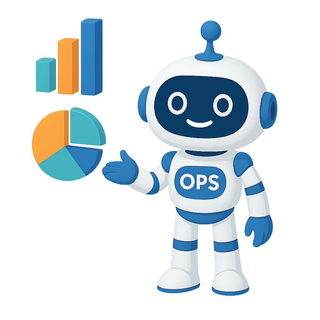 OPS Robot with charts, representing data analytics and insights